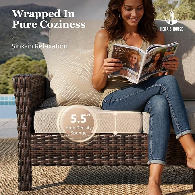 HERA'S HOUSE 5-Piece Patio Furniture Set, Outdoor High Back Swivel Chairs Set with Ottomans, Brown Wicker Conversation Set with 5.5” Thick Cushion for Deck Porch Garden Lawn, Beige