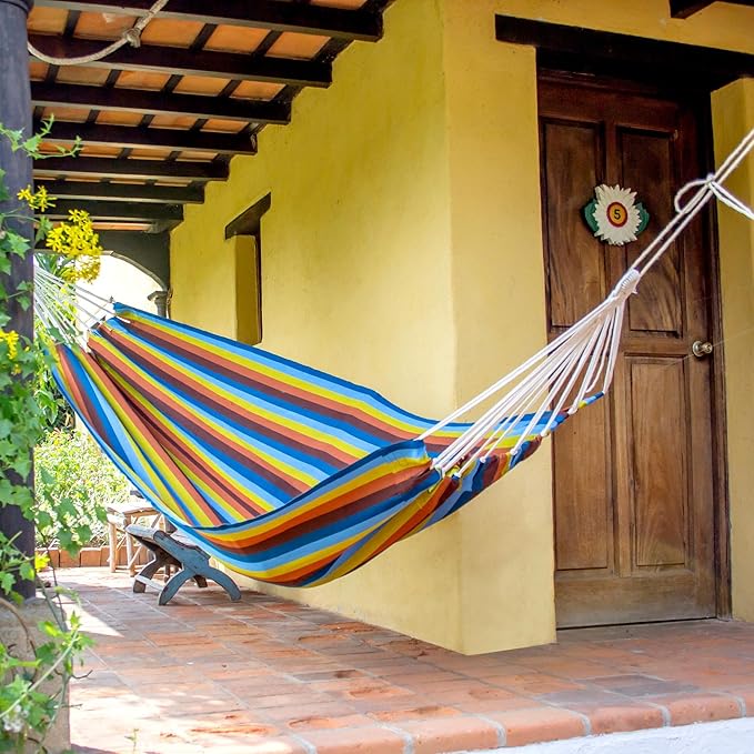 NOVICA Blue and Brown Earthtone Striped Fabric 1 Person Brazilian Style Hammock, 'Country Roads' (Single)