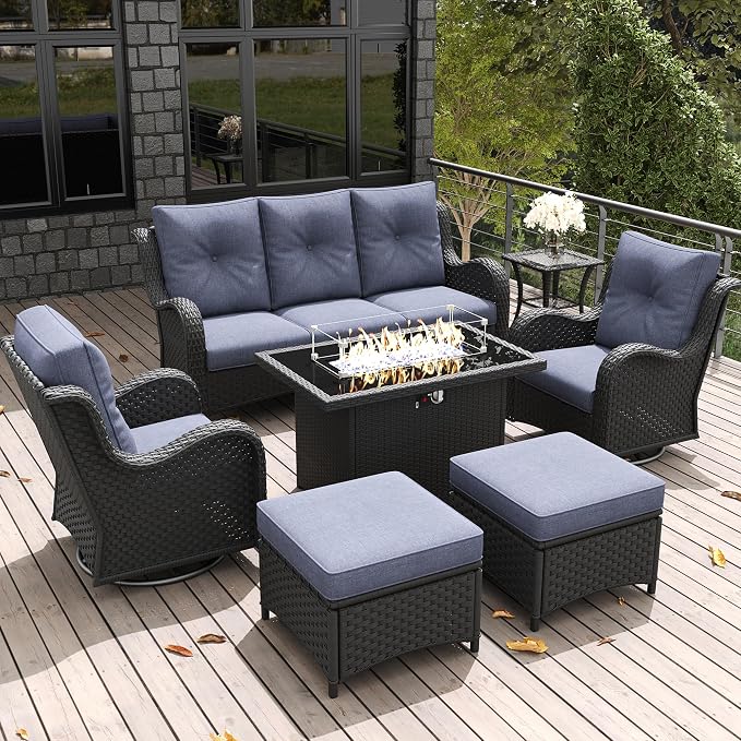 LayinSun 7 Pieces Outdoor Patio Furniture Set with Fire Pit Table, Rattan Wicker Sectional Swivel Rocker Chairs Sets with Ottomans, Swivel Glider Chairs and Coffee Table