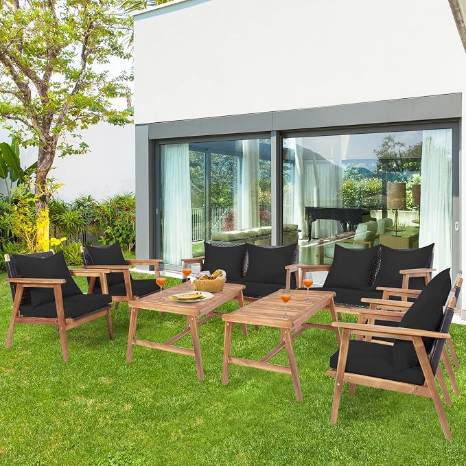 Tangkula 8-Piece Patio Furniture Set, Outdoor Acacia Wood Conversation Set with Cushions and Coffee Table, Turquoise & Black Cushion Cover Sets, Outdoor PE Wicker Sectional Sofa Set for Backyard