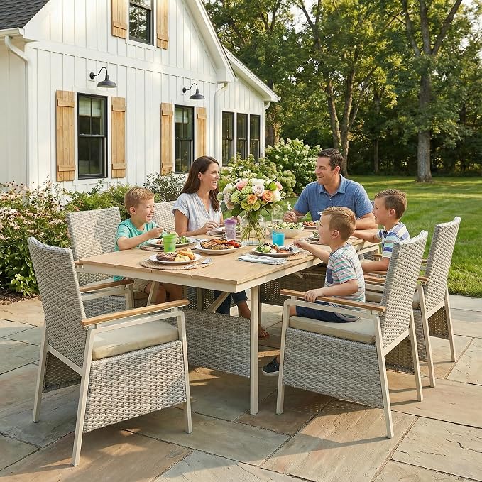 Outdoor Dining Table Set for 6, Rattan Patio Dining Sets with Waterproof Cushions, 7 Piece Patio Table and Chairs Set, Rectangular Dining Table and Patio Chairs for Porch/Deck/Yard, Green