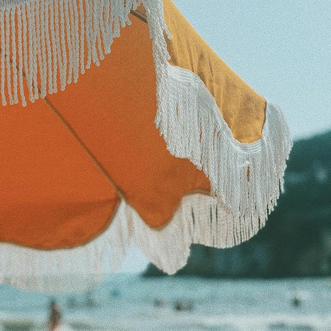 Business & Pleasure Co. Holiday Umbrella - Boho Beach Umbrella with White Fringe, UPF 50+, 1" Tilting Wood Pole, 5’ x 6.5’, Vintage Gold