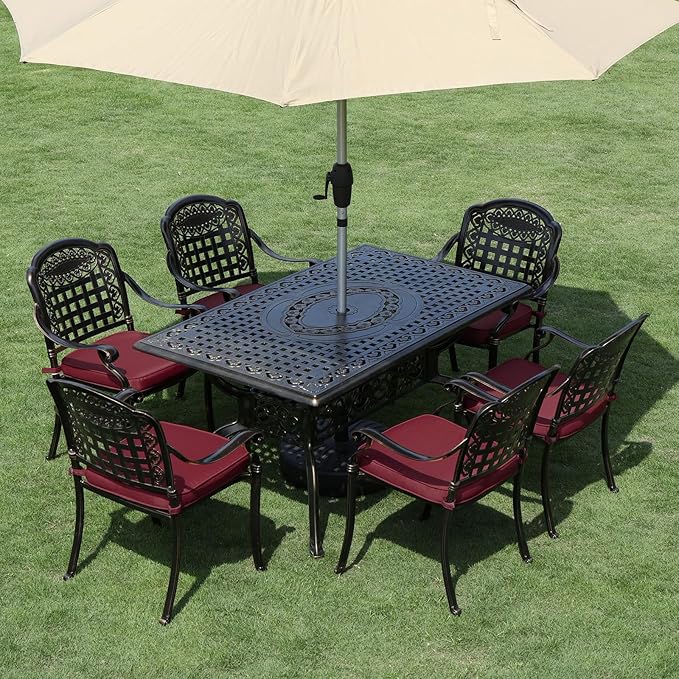 VIVIJASON 7-Piece Patio Furniture Dining Set, All-Weather Cast Aluminum Outdoor Conversation Set, Include 6 Cushioned Chairs and a Rectangle Table with Umbrella Hole for Balcony Backyard, Red Cushion