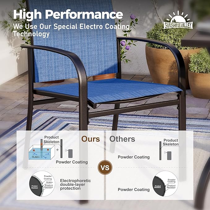 SUNSHINE VALLEY 5 Piece Patio Dining Set for 4, 37”x37” Square Table (PVC Wood-Like Table Top) with 1.57" Umbrella Hole, 4 Metal Blue Chairs, Outdoor Table and Chairs Set for Lawn Backyard and Deck