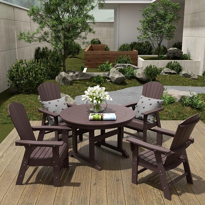 WestinTrends Dylan Adirondack Outdoor Dining Set for 4, All Weather Poly Lumber Patio Table and Chairs Set of 4, 47" Trestle Round Dining Table and Seashell Adirondack Dining Chair, Dark Brown