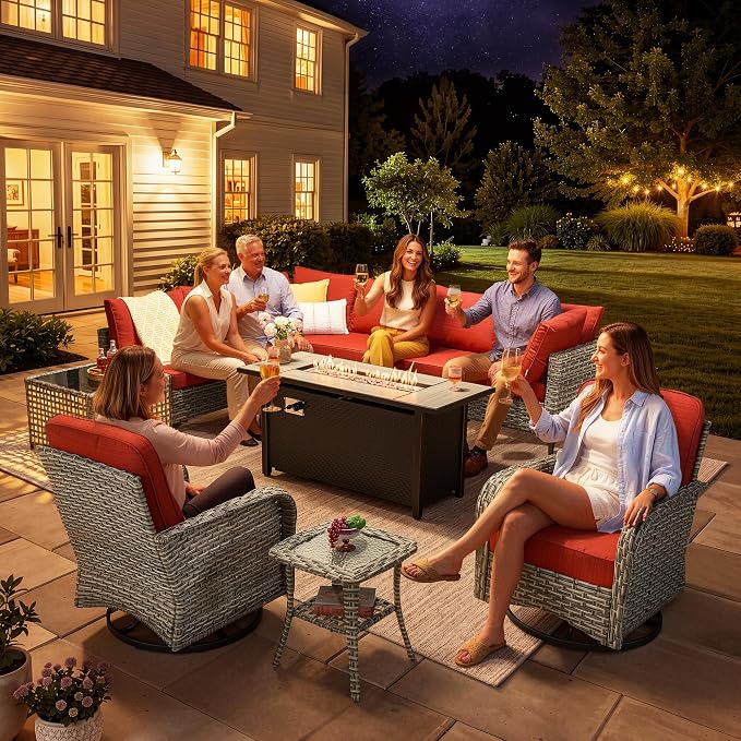 CAODOC 11-Piece Outdoor Sectional Sofa Set w/ 54" Fire Pit – L-Shaped Wicker Patio Furniture, Deep Seating & Swivel Rockers,Red-Striped