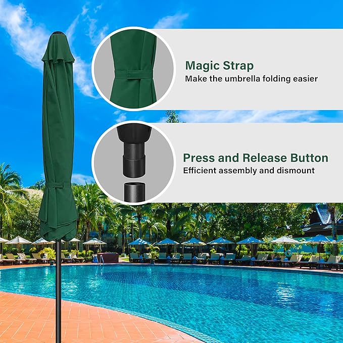 HealSmart 9' Patio Table Umbrella with Button Tilt, 8 Sturdy Ribs, 50lbs Base Stand Included, for Garden, Backyard, Deck, Pool, Green