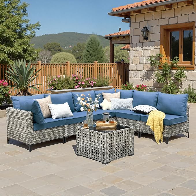 7 Pieces Wicker Patio Furniture Set,Outdoor Sectional Sofa with Coffee Table Comfy Cushions,Modern Modular Deep Seat Rattan Couch Conversation Set,Denim Blue