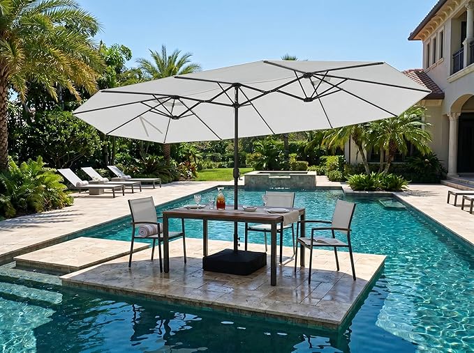 PURPLE LEAF 15ft Patio Market Umbrella with Base Double-Sided Rectangle Outdoor Table Sun Umbrellas with Crank 12 Heavy Duty Sturdy Ribs for Pool Beach Deck Backyard Cream