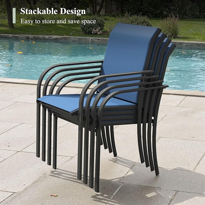 7 Pieces Outdoor Dining Set, Stackable Textilene Paito Chairs & 47.2" Round Dining Table with Umbrella Hole and Shelf, Patio Dining Set for Backyard, Deck, Garden, Dark Blue & Black