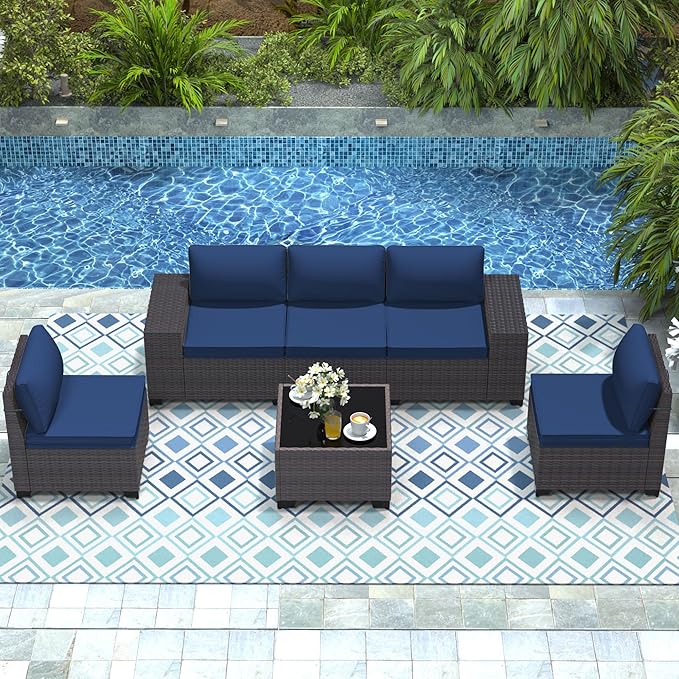 Patio Furniture Set 6 Pieces Outdoor Sectional Sofa Set,PE Rattan Wicker Patio Conversation Set with Thickened Cushions and Glass Coffee Table,NavyBlue