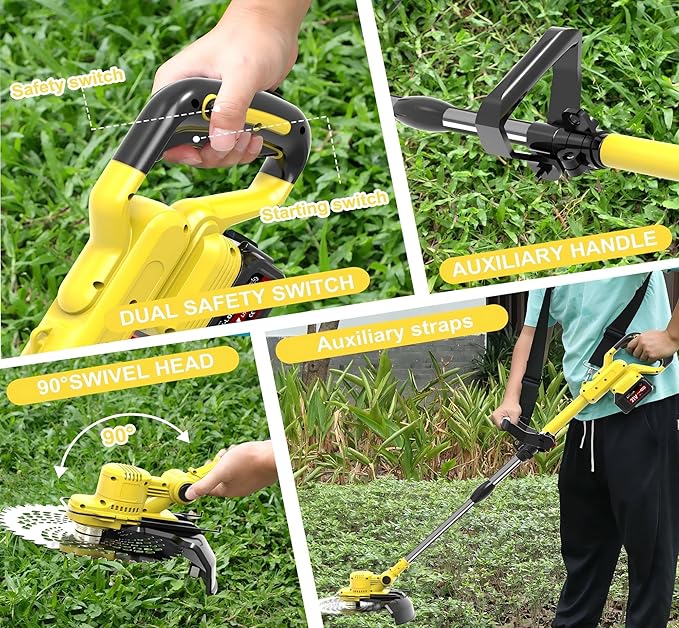 Electric Weed Wacker Cordless, Battery Powered Weed Eater String Battery, 21V Electric Weed Eater, for Lawn, Bush Trimming(with 2 x 4.0Ah Batteries and Fast Charger Included)（Huang）