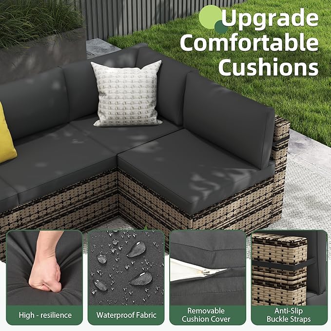 7-Piece Outdoor Sectional Sofa Set, Weather-Resistant Patio Furniture Set with Washable Cushions and Coffee Table, Brown Rattan Patio Conversation Set for Poolside, Backyard, Deck (Black)