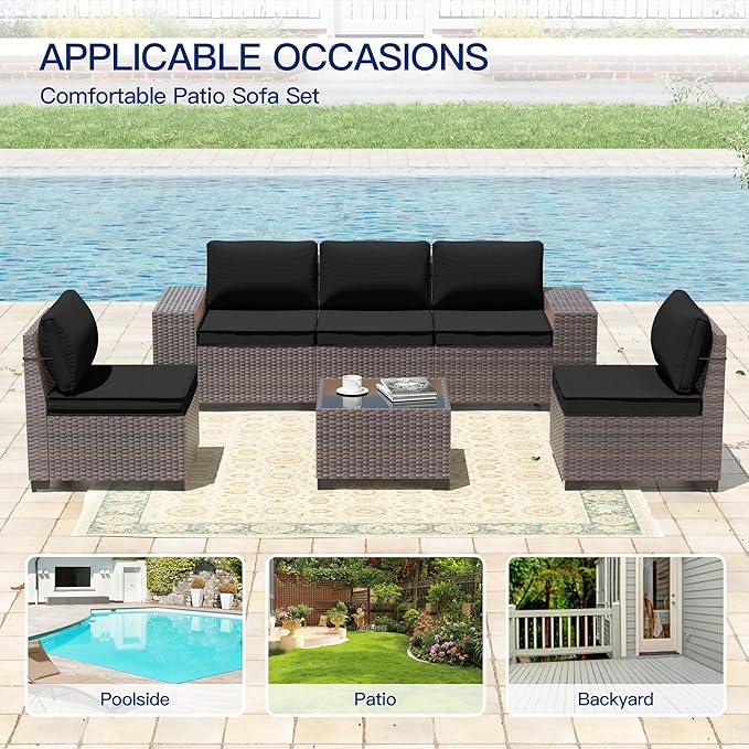 6 Pieces Patio Furniture Sets with Glass Tea Table,PE Rattan Wicker Patio Conversation Set with Washable Cushions,Outdoor Patio Sectional Furniture Set for Backyard, Poolside, Garden,Black