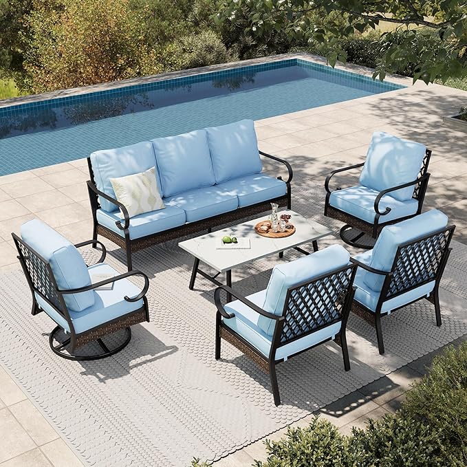 HERA'S HOUSE 6 Piece Metal Patio Furniture Set, All Weather Outdoor Conversation Set with 3-Seat Sofa, 2 Swivel Chairs, 2 Fixed Chairs & Coffee Table, 7 Seats for Backyard, Garden, Deck, Blue