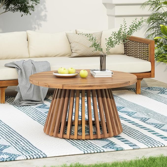 Christopher Knight Home Hakee Acacia Wood Patio Coffee Table, Round Coffee Table with Unique Wooden Base, Stylish Indoor/Outdoor Table, Easy Assembly, 31.5" x 31.5" x 16", Light Teak