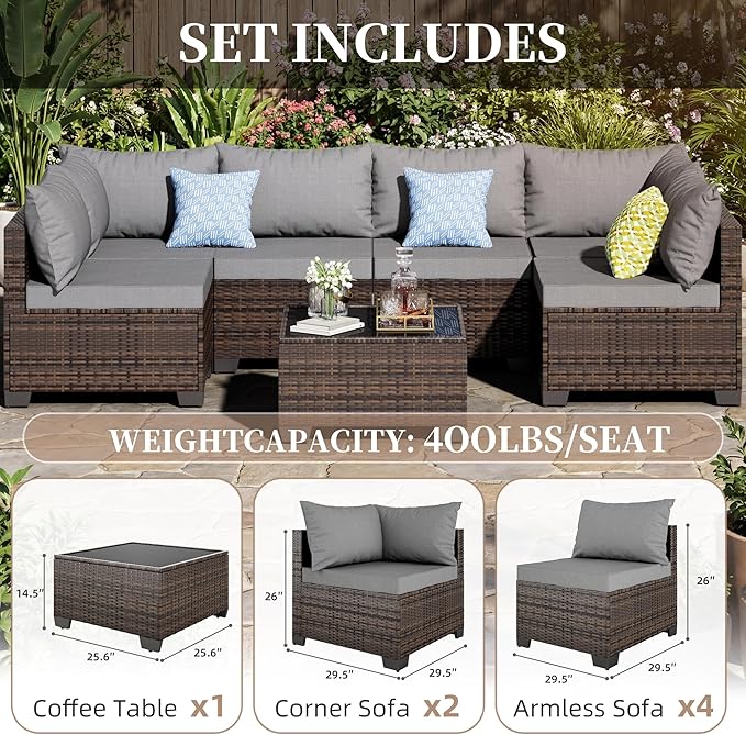 7 Pieces Patio Furniture Set - Outdoor Sectional Wicker Rattan Furniture with Cushion and Glass Table Patio Conversation Sets for Porch Poolside Backyard Outdoor Sofa Set Modular Sofa