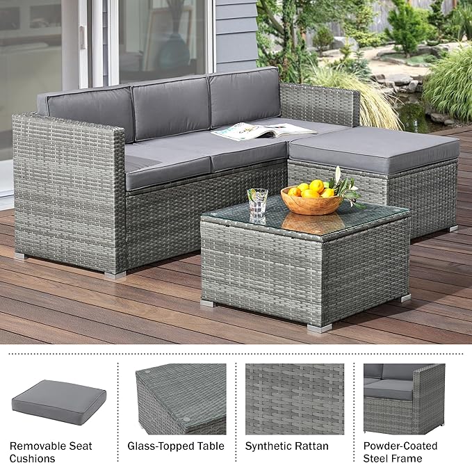 Patio Furniture Set - 3-Piece Rattan Outdoor Sectional, Ottoman, and Table Combo - Deck, Pool, Sunroom, or Backyard Furniture by Lavish Home (Gray)