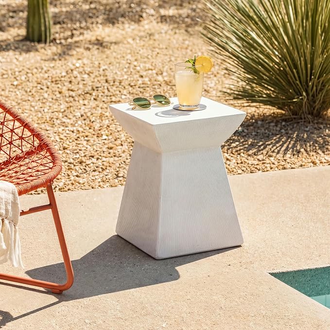 Outdoor Side Table Square Concrete Side Table Pedestal End Tables Cement Small Coffee Tables Patio Garden Stool Plant Stand for Porch, Backyard Balcony,15.2",White Antique Textured