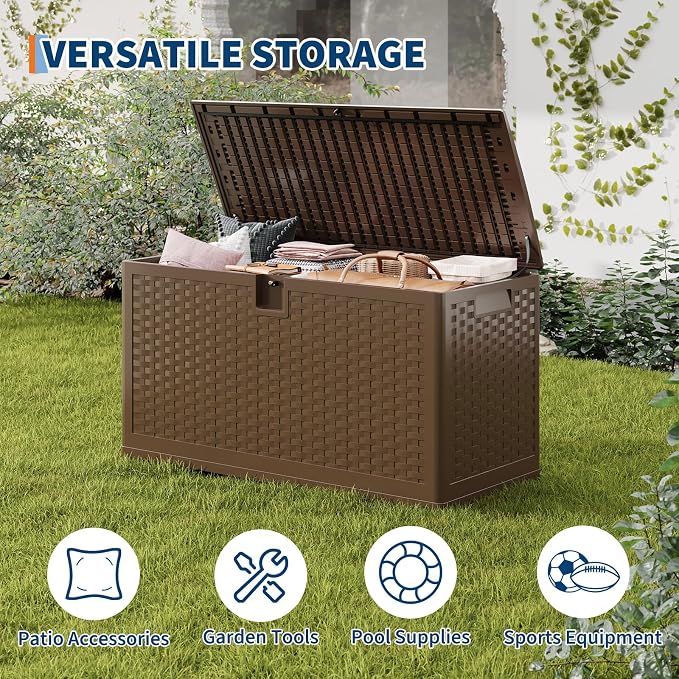 IDEALHOUSE 73 Gallon Resin Deck Box, Waterproof Outdoor Storage Box with Lockable Lid & UV Resistant, Patio Furniture Cushion Storage Container for Garden, Backyard, Poolside (Brown)