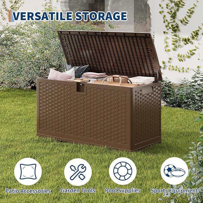 Patikuin 73 Gallon Outdoor Resin Deck Storage Box with Hydraulic Soft-Close Lid, Waterproof Lockable Patio Organizer, Rattan Pattern, Black