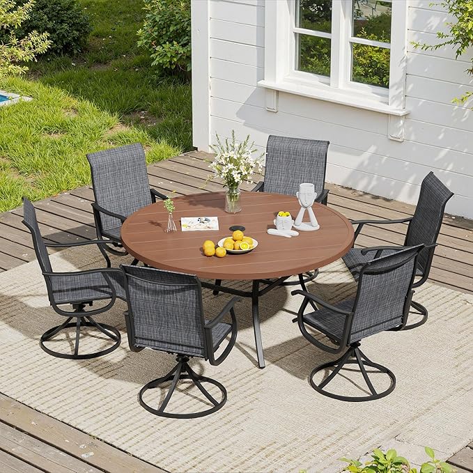 VICLLAX 7 Pieces Outdoor Dining Set, Patio Furniture Set of 6 Patio Swivel Dining Chairs and 50" Patio Round Table, Dark Charcoal Chairs & Walnut Tabletop