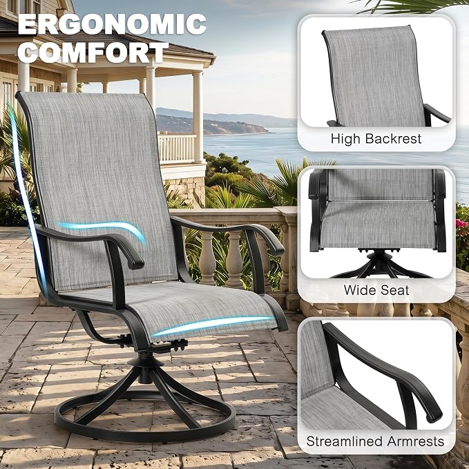 NUU GARDEN 7-Piece Outdoor Dining Set, Metal Patio Table with Umbrella Hole, 6 High-Back All-Weather Textilene Swivel Chairs for Garden, Poolside and Backyard, Black and Light Gray