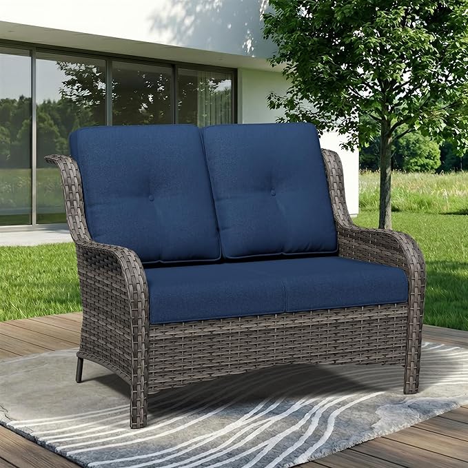Wicker Patio Loveseat, 2 Seat Outdoor Couch with Thickened Olefin Cushions, High Back and Deep Seating, Hand-Woven PE Rattan for Porch, Deck, Balcony