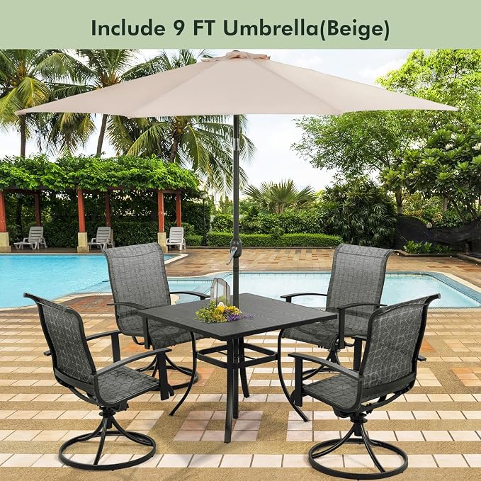 Grand patio Outdoor Dining Set of 5, Outdoor Table and Chairs Set, 4 Padded Mesh Sling Swivel Rocker Patio Chair & 36'' x36'' Square Dining Table(1.5'' Umbrella Hole), Black & Grey Plaid