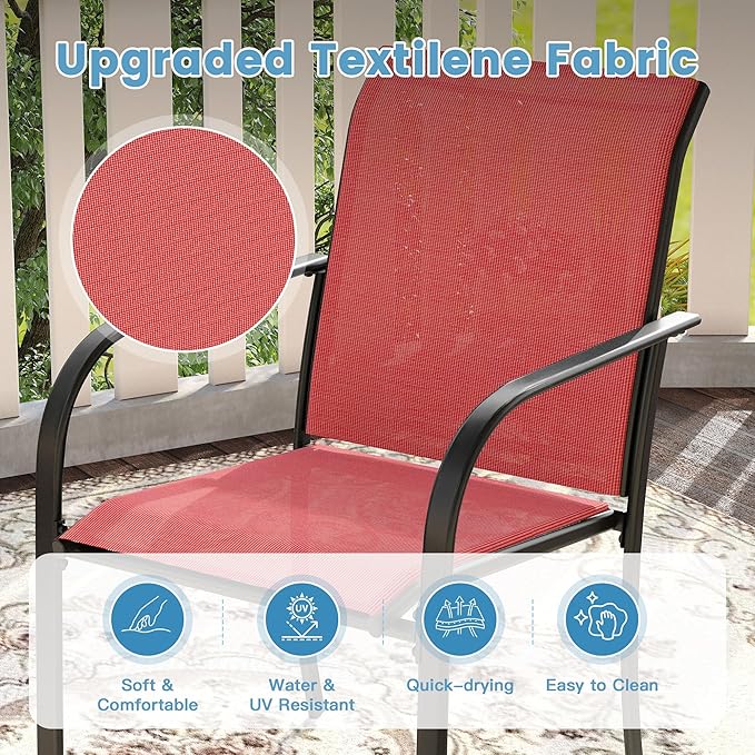 DIFY 3-Piece Outdoor Patio Bistro Dining Set, Black Small Square Dining Table & 2 Red Stackable Metal Chairs with Breathable Fabric, Outdoor Furniture Set for Balcony, Porch, and Deck
