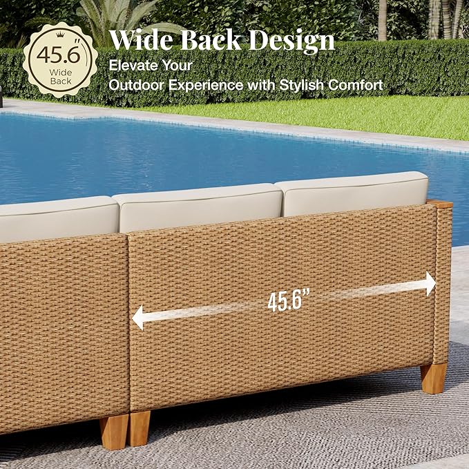 Wicker Outdoor Patio Furniture Set 3 Pieces Patio Chaise Longue Conversation Set, Rattan L-Shaped Sofa Couch with Acacia Wood Coffee Table for Deck Porch and Garden