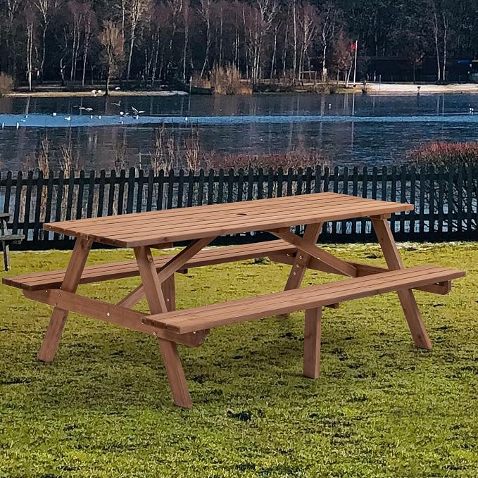 Hohuqeri Wood Picnic Table, 75" Tabletop with Umbrella Hole, 8 Person Outdoor Wooden Picnic Table Bench Set for Patio, BBQ, Dining, Brown