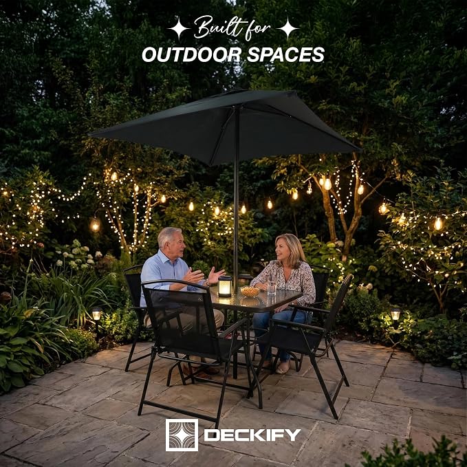 6-Piece Outdoor Patio Furniture Set for 4, Patio Table and Chairs Set with Umbrella, All-Weather Steel Frame & Glass Top Dining Table Set for Backyard, Lawn - Black