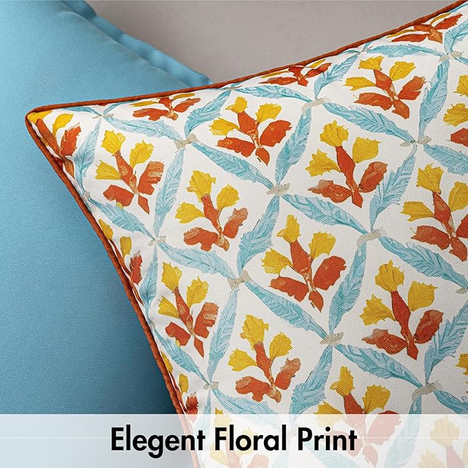 MIULEE Pack of 2 Decorative Outdoor Waterproof Throw Pillow Covers Flower Print Chic Boho Accent Pillow Covers for Square Garden Patio Cushion 20x20 Inch, Orange Teal Red