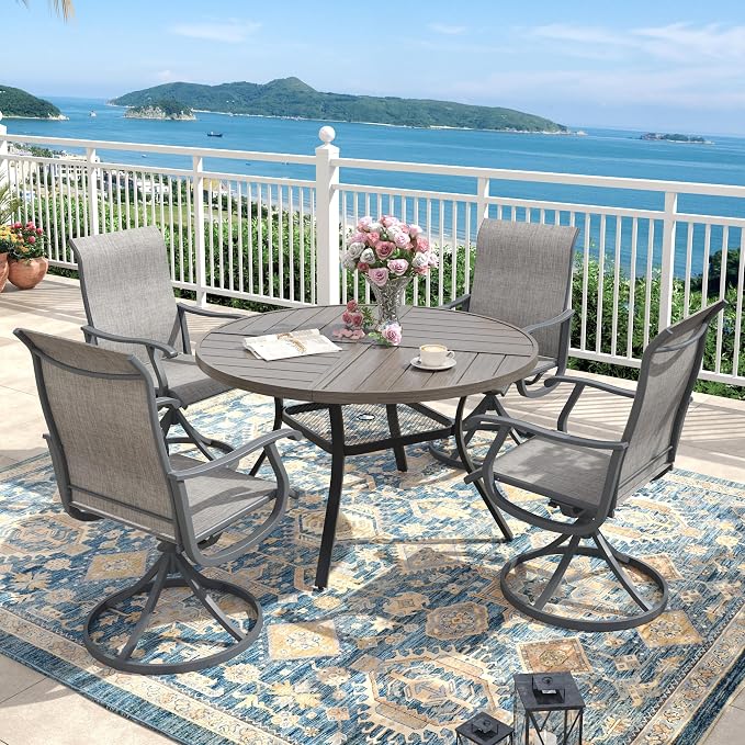 Outdoor Dining Set for 4, 40.7" Metal Round Outdoor Dining Table with Umbrella Hole and Sling Patio Swivel Chairs, 5 Pieces Patio Table and Chairs Set for Garden Backyard, Grey