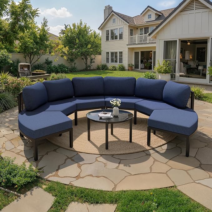 Crestlive Curved Patio Furniture Set, Modular Half Moon 6-Seater Sofa with Round Coffee Table, Aluminum Outdoor Sectional with 4.3" Cushions, All-Weather Couch for Backyard, Deck, Porch, Poolside