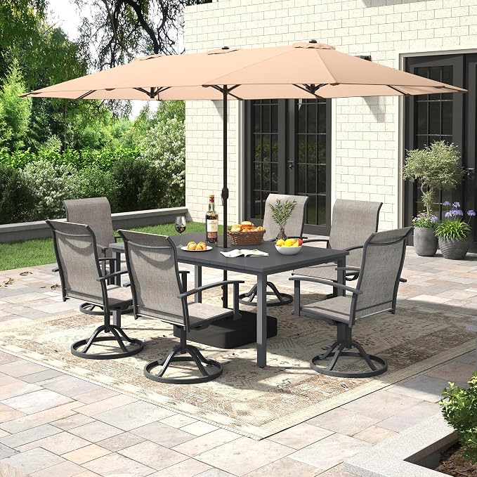 7 Pieces Patio Dining Set with Patio Umbrella, Outdoor Furniture of 63" Rectangular Patio Table and Patio Swivel Chairs for Backyard Lawn Garden, Dark Grey Table and Grey Chairs