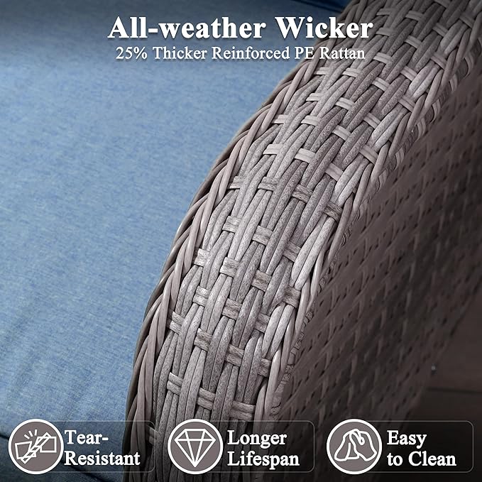 13 Piece Wicker Patio Furniture Set with 55,000 BTU Fire Pit Table, Swivel Rocking Chairs, 4''Cushions, PE Rattan, Wind Guard Glass, for Backyard, Deck or Balcony, Navy