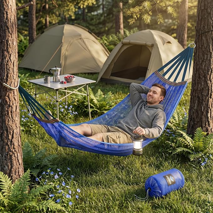 Lightweight Portable Anti-Roll Breathable Mesh Camping Hammock 102.36x51.18in with Tree Straps & Carry Bag, Blue, No Stand Included