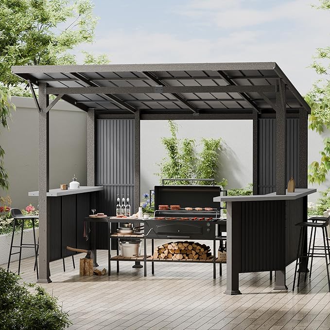 10' x 10' Hardtop Grill Gazebo,Outdoor Galvanized Steel BBQ Lean to Gazebo with 2 Side Shelves,Permanent Hardtop Grill Canopy with Independent Countertop for Patio Backyard Lawn Garden