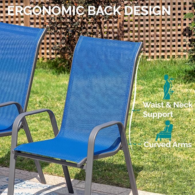 MAMIZO 7 Pieces Patio Dining Set for 6, Outdoor Table and Chairs w/Rectangle Glass Table and 6 Textilene Stackable Chairs, Patio Furniture Set w/1.69" Umbrella Hole (Black Table & Navy Blue Chair)