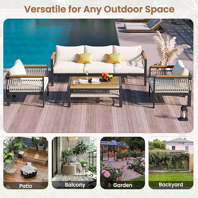 VilroCaz 4 Pieces Outdoor Sectional Sofa Set, All-Weather Patio Seating Group Cnversation Set with Cushions and Coffee Table for Patios Gardens Balcony, Sturdy Steel Frame (Beige+Metal & Wood)