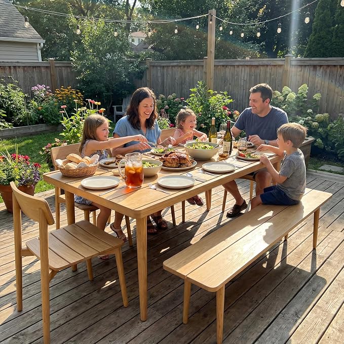 Acanva 6-Piece Aluminum Outdoor Dining Set with Bench, Brown | All-Weather Patio Table and Chairs Set for 6 Person, Slatted Tabletop, for Backyard Deck Garden Poolside
