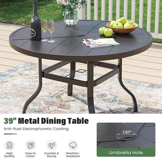 UDPATIO 5 Piece Patio Dining Set for 4, Outdoor Patio Table and Chairs Set, 39" Black Round Table with Umbrella Hole, Gray Patio Chairs, Patio Table with Chairs Outdoor Dining Set for Lawn, Backyard