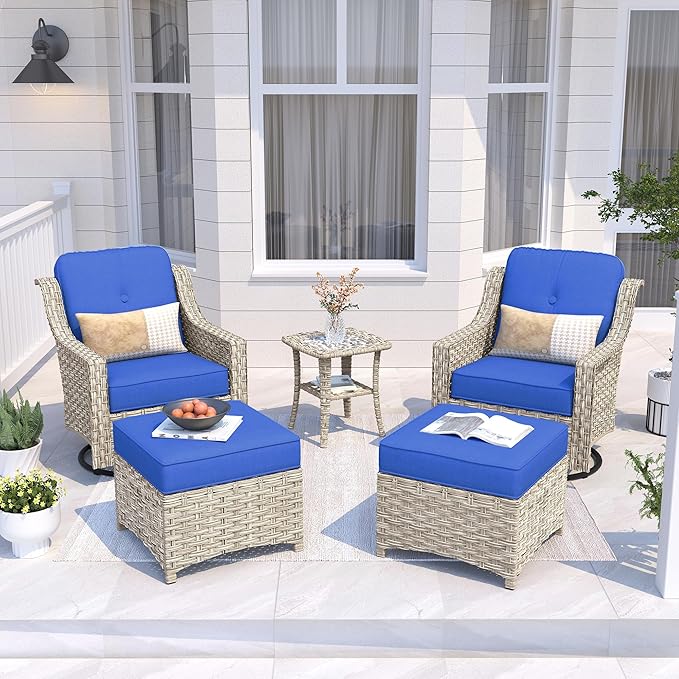 HOOOWOOO Patio Furniture Set,5 Pieces Wicker Outdoor Furniture,High Back Conversation Set with All Weather Resistant Swivel Chairs with Ottoman Side Table,Navy Blue