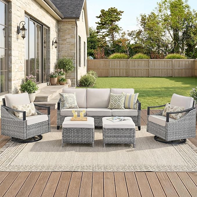 Outdoor Patio Furniture Set-5 Pieces All-Weather Wicker Outdoor Furniture with High Back Wicker Swivel Patio Chairs Outdoor Patio Conversation Sets for Garden Porch Deck Grey/Beige