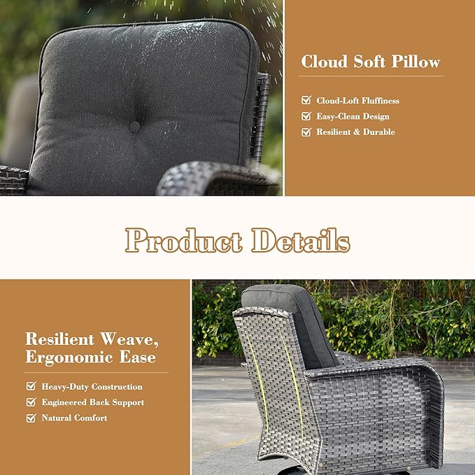3 Pieces Patio Furniture Set, All-Weather Rattan Wicker Outdoor Furniture with Swivel Rocking Chairs and Side Table, High Back Conversation Set for Porch, Backyard, Balcony, Black