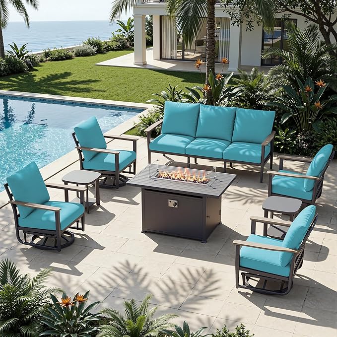 7-Seat Outdoor Patio Furniture Set with Rocking Swivel Chairs, Aluminum Sectional Sofa Patio Conversation Set with 55,000 BTU Fire Pit Table & High Backrest & Thickened Cushions, Turquoise