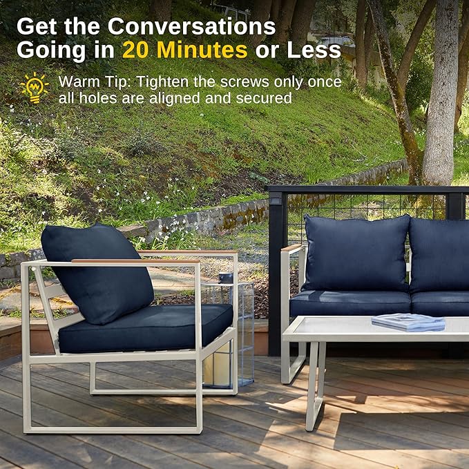 East Oak Patio Furniture Set, 4-Piece Outdoor Patio Set with Sofa, Removable & Washable Seating Cushion, Tempered Glass Table, Outside Patio Conversation Sets, Ivory White & Navy Blue