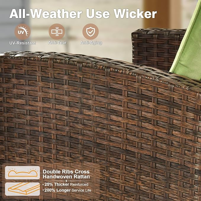 ovios 6 Pieces Patio Furniture Set, Outdoor Wicker Sofa Couch with 42" Fire Pit Table Comfy Cushions, All Weather Brown Rattan Conversation Set for Backyard Deck, Green